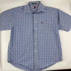 Tommy Hilfiger Button Up Shirt Mens Large Blue Plaid Short Sleeve